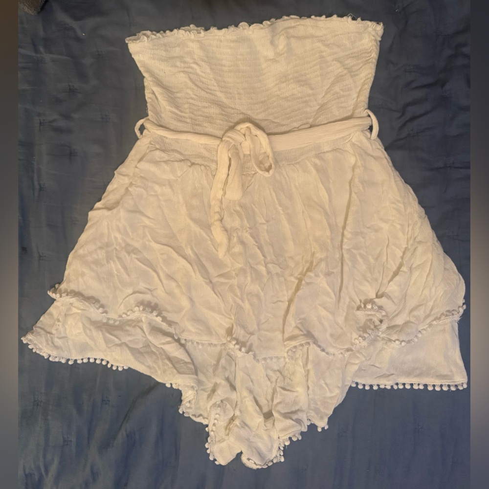 White Romper with Pom-Pom Trim